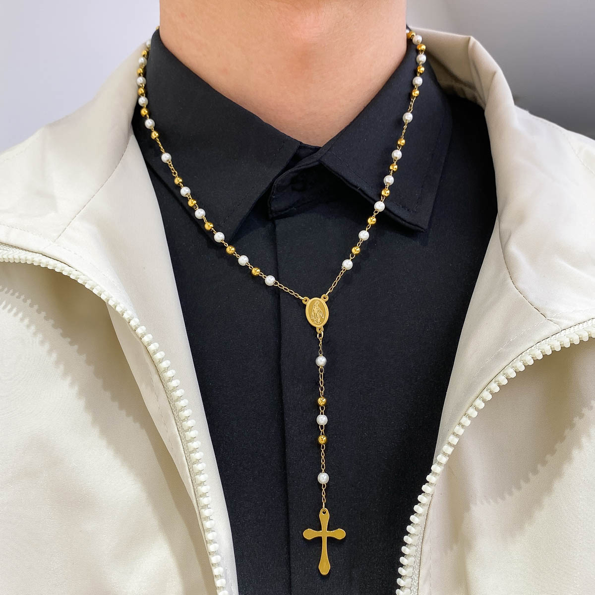 Unisex Crucifix Y-Shaped Necklace with White Beads